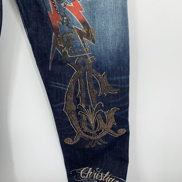 Christian Audigier embellished jeans embroidery skull stud crown blue Y2K men 32 - Picture 7 of 14